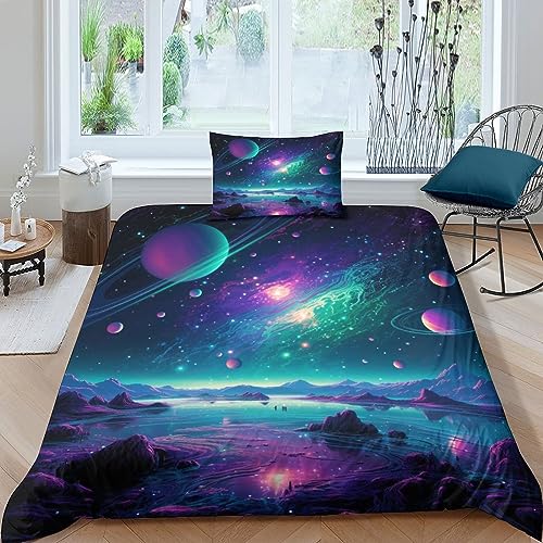 AYSUM Galaxy Planet Steppdeckenbezug Atmungsaktiv Bed Linen Sets Kissenbezug Universe Bettbezug Satin Bettdeckenbezug Verstecktes Scharnier Bettwäsche Set Zip-Verschluss Single（135x200cm） von AYSUM