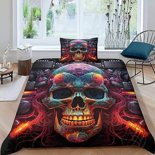 AYSUM Kinder Bettwäsche 135x200 Totenkopf, Skeleton Bettbezug Gothic Stil, Totenkopf bettwäsche 135 200 Single, Gothic Bettwäsche Set 135x200cm Schwarz von AYSUM