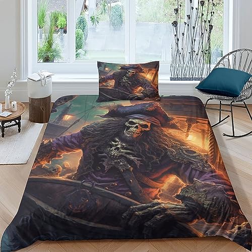 AYSUM Bettwäsche 135x200cm Gotisch Skelett der Kapitän der Piraten, Caribbean Skelett Totenkopf Bettbezug Set 2 Teilig, Kinder bettwäsche mit schädel Muster von AYSUM