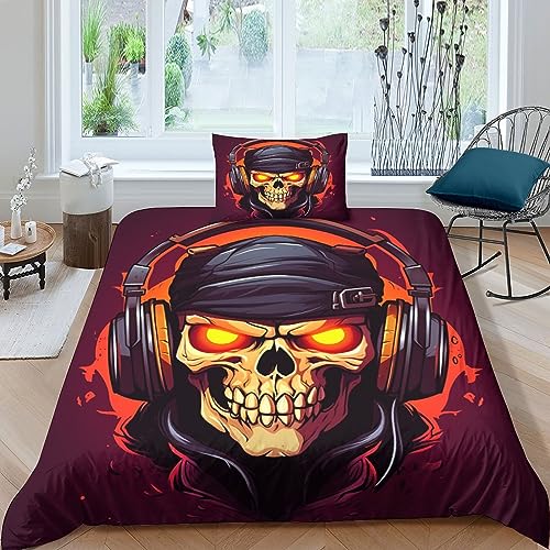 AYSUM Skull Steppdeckenbezug Atmungsaktiv Bed Linen Sets Kissenbezug Skeleton Bettbezug Satin Bettdeckenbezug Verstecktes Scharnier Bettwäsche Set Zip-Verschluss Single（135x200cm） von AYSUM