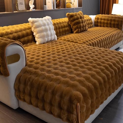 Kaninchen Plüsch Sofabezug 1 2 3 4 Sitzer Sofaschoner Rutschfester L Form Sofaüberwurfe,2024 Neue Universal Couchbezug Ecksofa,Hund Katze Sofa Überwurf Sofaschutz ( Color : Brown , Size : 110x210cm ) von AYUOEODM