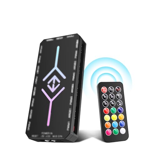 2-in-1 ARGB PWM Fan Hub mit Controller AYWHP 9 x 4Pin PWM Fan 5V 3Pin ARGB Ports Anschlüsse Kabellos RGB Controller mit Fernbedienung（Schwarz） von AYWHP