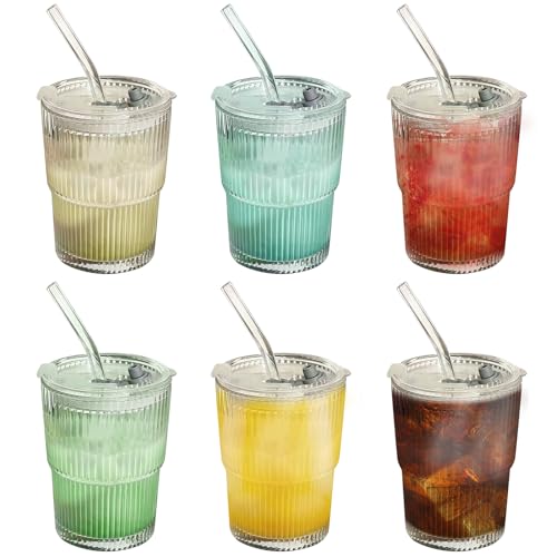 AYYDS 400ML Trinkbecher mit Deckel und Strohhalm, 6er Glas Smoothie Becher, Kaffeebecher, Eiskaffee Becher, Glasbecher Trinkglas für Saft Kaffee Wasser Tee von AYYDS