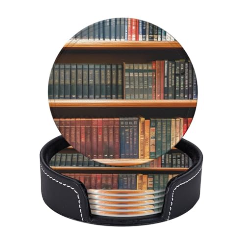 Bibliotheks-Bücherregal-Druck, 6er-Set, Untersetzer, Kaffeetassen, Tassen, Tischplatte, Zuhause, Büro, Esszimmer, Dekoration, leicht zu reinigen von AYYQWE