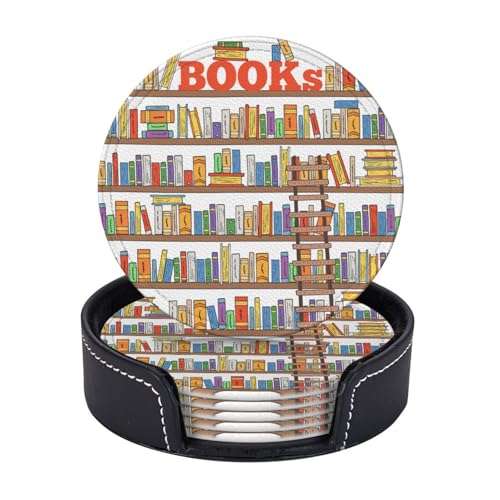 Lustige Bücherregal-Kollektion und Leiteraufdruck, 6 Untersetzer, Kaffeetassen, Tassen, Tischplatte, Zuhause, Büro, Esszimmer, Dekoration, leicht zu reinigen von AYYQWE