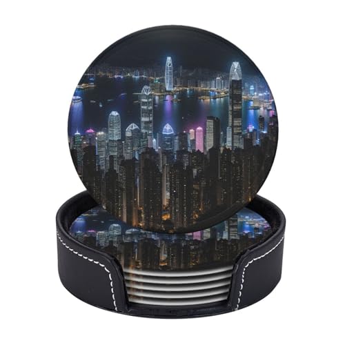 Untersetzer, Motiv "Aerial Night of View", Hongkong-Druck, 6er-Set, Kaffeetassen, Tassen, Tischplatte, Zuhause, Büro, Esszimmer, Dekoration, leicht zu reinigen von AYYQWE