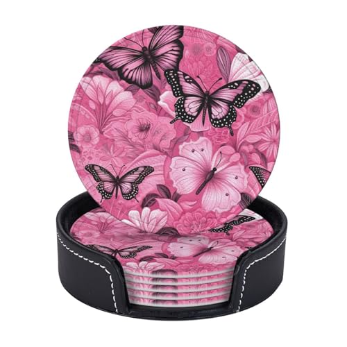 Untersetzer, Motiv: rosa Schmetterling, nahtlos, Fliesendruck, 6er-Set, Kaffeetassen, Tassen, Tischplatte, Zuhause, Büro, Esszimmer, Dekoration, leicht zu reinigen von AYYQWE