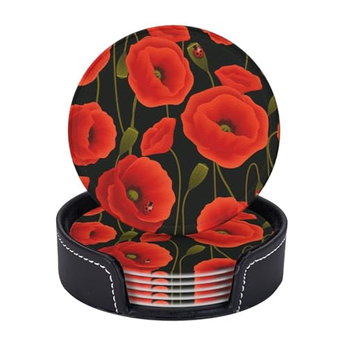 Untersetzer mit Mohnblumen-Druck, 6er-Set, Kaffeetassen, Tassen, Tischplatte, Zuhause, Büro, Esszimmer, Dekoration, leicht zu reinigen von AYYQWE
