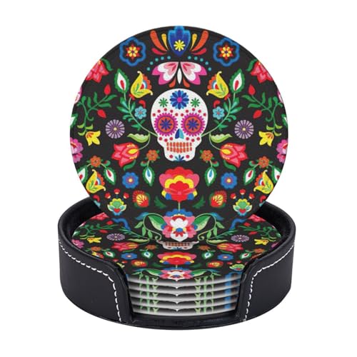 Untersetzer mit Zucker- und Totenkopf- und Blumendruck, 6er-Set, Kaffeetassen, Tassen, Tischplatte, Zuhause, Büro, Esszimmer, Dekoration, leicht zu reinigen Untersetzer mit Zucker- und Totenkopf- und Blumendruck, 6er-Set, Kaffeetassen, Tassen, Tischplatte, Zuhause, Büro, Esszimmer, Dekoration, leicht zu reinigen von AYYQWE