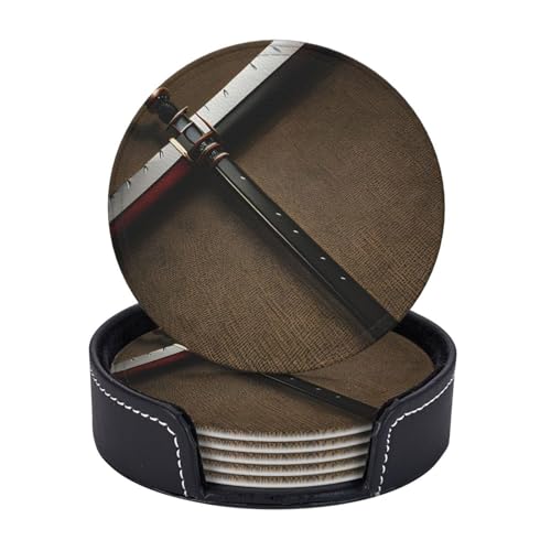Untersetzer mit japanischem Samurai-Schwert-Druck, 6er-Set, Kaffeetassen, Tassen, Tischplatte, Zuhause, Büro, Esszimmer, Dekoration, leicht zu reinigen von AYYQWE