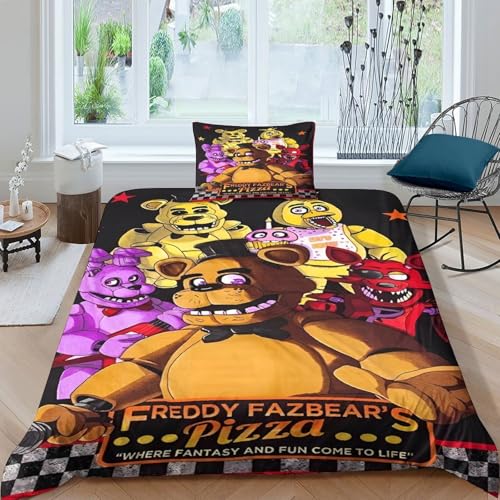 AYZOFCNDK Five Nights at Freddy's Bettwäschegarnitur 3D Gedruckter Anime Bettbezug Set Mädchen Junge Kinder Bettwäsche Weich Microfaser Reissverschluss Und Kissenbezüge 2 Teilig Single（135x200cm） von AYZOFCNDK