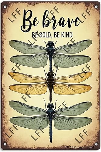 AYZYSMBM Vintage-Blechschild – "Be Brave Be Bold Be Kind Three Libelle"-Motivationszitat – Wandkunst für Zuhause oder Büro, Dekoration, Poster für spirituelle – Metallschild 20,3 x 30,5 cm von AYZYSMBM