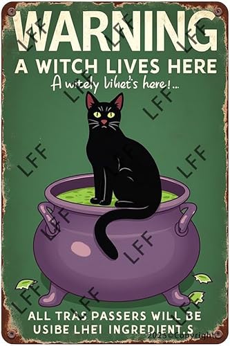 Vintage-Blechschild mit schwarzer Katze, Aufschrift "Warning A Witch Lives Here All Trespassers Will Be Used As Ingredients In The Brew", Wandkunst für Zuhause oder Büro, Dekoration, Poster für von AYZYSMBM