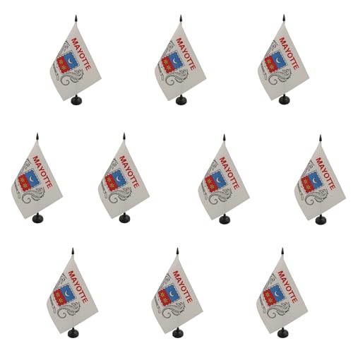 AZ FLAG 10 Tischflagge Mayotte, 21 x 14 cm, 10 kleine Mahora-Flaggen, 100 % Polyester, mit Fahnenstange von 25 cm und Sockel aus schwarzem Kunststoff von AZ FLAG