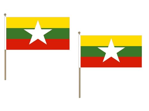 AZ FLAG STOCKFLAGGE Myanmar 45x30cm mit holzmast - 10 stück BIRMANISCHE STOCKFAHNE 30 x 45 cm - flaggen von AZ FLAG