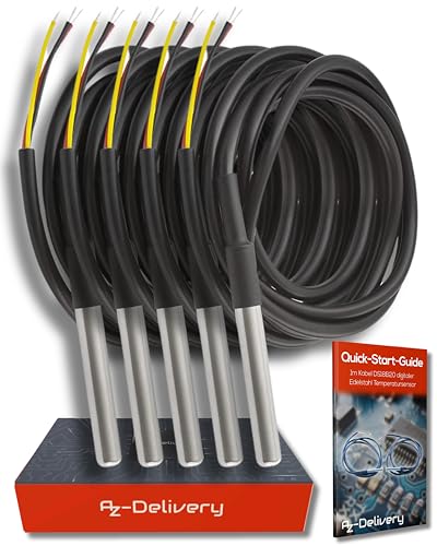 AZDelivery 5 x 1M Kabel DS18B20 digitaler Edelstahl Temperatursensor Temperaturfühler, wasserdicht kompatibel mit Arduino und Raspberry Pi inklusive E-Book! von AZDelivery