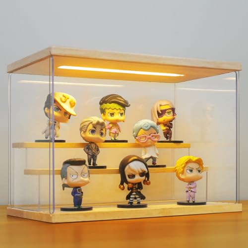 AZEYN Acryl Vitrine mit LED Beleuchtung, 3/4/5/6 Stufen Staubdicht Schaukasten für Minifiguren, Display Case Box für Modellautos Collectibles (Holz 3 Stufen 32×18×23cm) von AZEYN