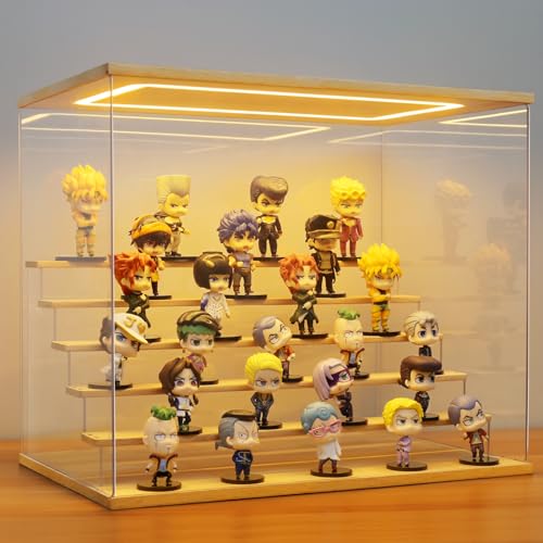 AZEYN Acryl Vitrine mit LED Beleuchtung, 3/4/5/6 Stufen Staubdicht Schaukasten für Minifiguren, Display Case Box für Modellautos Collectibles (Holz 6 Stufen 50×32×42cm) von AZEYN