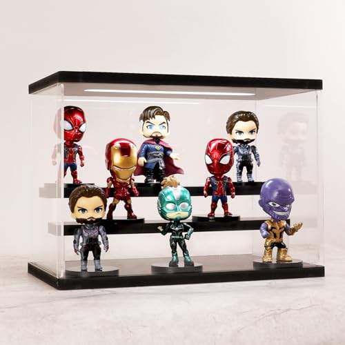 AZEYN Acryl Vitrine mit LED Beleuchtung, 3/4/5/6 Stufen Staubdicht Schaukasten für Minifiguren, Display Case Box für Modellautos Collectibles (Schwarz 3 Stufen 32×18×23cm) von AZEYN