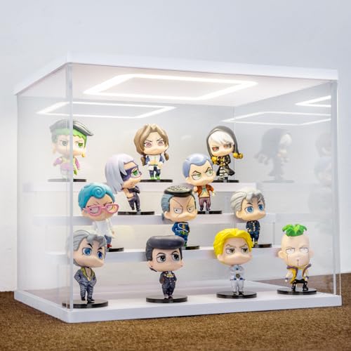 AZEYN Acryl Vitrine mit LED Beleuchtung, 3/4/5/6 Stufen Staubdicht Schaukasten für Minifiguren, Display Case Box für Modellautos Collectibles (Weiß 4 Stufen 32×24.5×27cm) von AZEYN