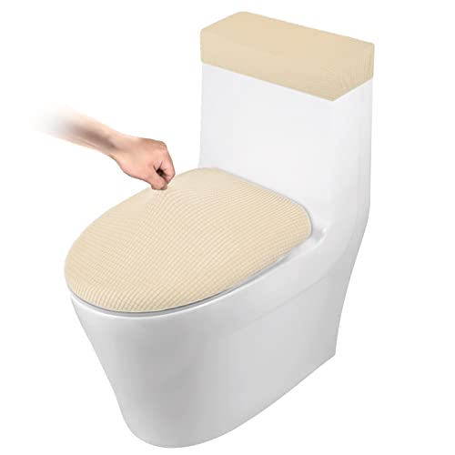 WC-Deckelbezug und WC-Tankabdeckung Stretch Toilettendeckel-Set für Badezimmer, Polyester-Spandex-Jacquard-Stoff, maschinenwaschbar, mit elastischem Boden, Beige von AZHCHKE