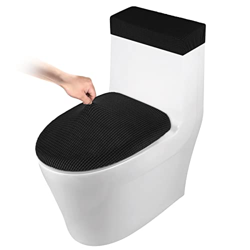 WC-Deckelbezug und WC-Tankabdeckung Stretch Toilettendeckel-Set für Badezimmer, Polyester-Spandex-Jacquard-Stoff, maschinenwaschbar, mit elastischem Boden, Schwarz von AZHCHKE