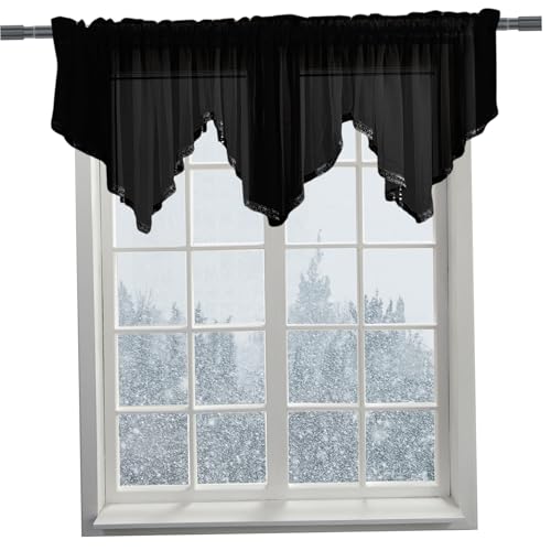AZIDWERYQ 3pcs Wasserfallvalancen für Fenster, 51 x 24 Zoll schwarz Schiere Valance mit Perlen Quaste, Stangenpocktfenstervorhänge für Küchenbad schwarzes Valiant von AZIDWERYQ