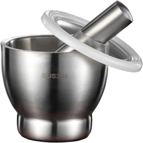 Mörtel und Stößel Set mit PP Deckel Edelstahl Manual Kräuterbrecher mit rutschfestem Basis 5-Zoll Mörtel und Stößel Set mit PP Deckel Edelstahl Manual Kräuterbrecher mit rutschfestem Basis 5-Zoll von AZIDWERYQ