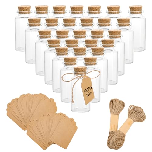 AZKEEGREY 100 Stück Mini Glasflaschen mit Korken 25ml, Glasfläschchen mit Korken, Mini-Glasflaschen Hochzeitsgeschenke, Kleine Wunschflaschen mit Korkverschluss Etiketten Schnur für Bastelarbeiten von AZKEEGREY