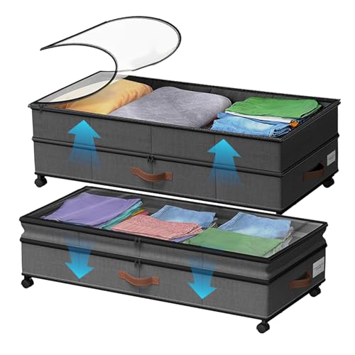 1 Stück Unterbett Aufbewahrungsbox mit Rollen, 72L Unterbett-Schubladen mit durchsichtigen Deckeln, verstellbarer 20cm Unterbett-Aufbewahrungsorganizer mit Rollen, großer Stauraum für Kleidung, Schuhe von AZMUDE