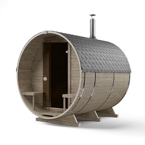 AZS-ENGINEERING Fasssauna Garten Outdoor Sauna aus Fichtenholz – Verschiedene Größen (2–6 Personen) – Wahlweise mit Elektro- oder Holzofen – Inkl. Sauna Zubehör von AZS-ENGINEERING