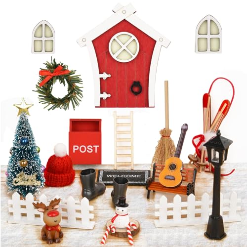 25 Stück Wichteltür Zubehör Weihnachten, Weihnachtsdeko Holz Wichteltür, Weihnachtswichtel Set, Miniatur Wichtel Zubehör Weihnachten, Wichteltür Set mit Weihnachtsbaum, Briefkästen, Stiefel, Leiter von AZSJML