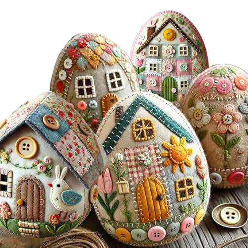 AZURAOKEY 5 Stück Patchwork Filz Egg House | 2,95in Patchwork-Filz Ostern Egg Craft Kit for Ostern - Handbestickungsmuster Hasenhäuser, DIY-Materialpaket for bestickte FilzOstereier von AZURAOKEY