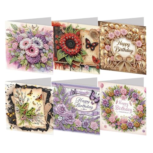 AZURAOKEY 6 PCs Art Birthday Card, DIY Art Baining Cards mit Umschlägen, Klappgrüßkarten -Kits, handgefertigte Strass -Mosaik -Handwerkskarten for Freunde Familienliebhaber von AZURAOKEY