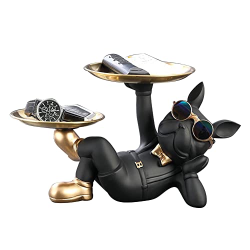 AZURAOKEY Coole Kunstharz-Hundestatue Hund Butler Statue Kreativ Niedlich mit 2 Tabletts Liegende Französische Bulldogge Figur Skulpturen Tischhandwerk Unterseite Anti-Rutsch für Zuhause Büro Geschenk von AZURAOKEY