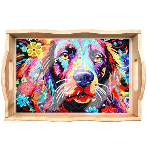 AZURAOKEY DIY Diamond Painting Wooden Serving Tray with Handle Decorative Trays Rectangular Wooden Tray Animal Decorative Tray for Desktop/Coffee Table/Countertop Centerpiece von AZURAOKEY