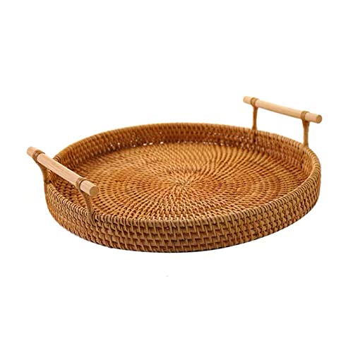 AZURAOKEY Rattan-Tablett aus Weidengeflecht, runde Lebensmittelaufbewahrungsplatten mit Holzgriff, handgefertigtes Rattan-Serviertablett, natürliche Einfachheit zum Servieren von Dinnerpartys, von AZURAOKEY