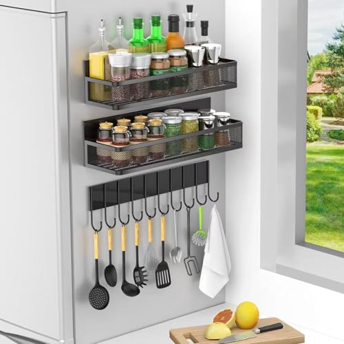 AZVFLY Kühlschrank Organizer Ohne Bohren Gewürzregale: Gewürzregal Wand Küchen Organizer Magnetisches Kühlschrankregal für die Organisation und Aufbewahrung in der Küche (Schwarz 3) von AZVFLY