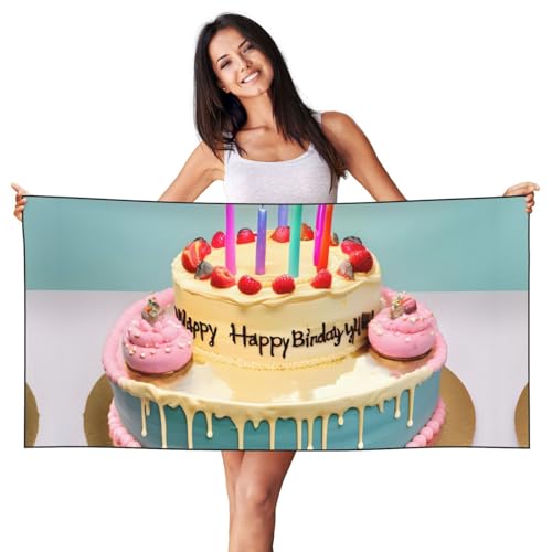 AZXMGOP Happy Birthday Big Cake Print Beach Lightweight Towel Quick Dry Oversized Towel for Adults for Travel and Pool von AZXMGOP