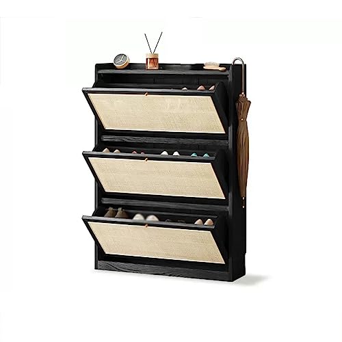 Schuhschrank Ultradünner, kippbarer Eimer-Schuhschrank aus massivem Holz, Wohnzimmereingang, Rattan, schmaler Eingangsschrank, Haushalts-Lagerschrank Schuhregal von AZZAZETES