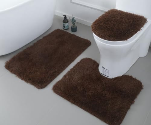 Weiche Mikrofaser Badezimmerteppich-Set, 3-teilig, Badematte + Konturmatte + Toilettensitzbezug, rutschfeste Badezimmerteppiche mit PVC-Punkt-Flanell-Rückseite, wasserabsorbierend, solides Braun von AZZXZONa