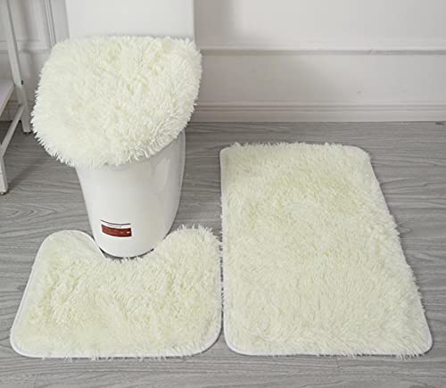 Weiche Mikrofaser-Badezimmerteppich-Set, 3-teilig, Badteppich + Konturenmatte + WC-Sitzbezug, rutschfeste Badezimmerteppiche mit PVC-Punkt-Flanell-Rückseite, wasserabsorbierend, massiv, cremeweiß von AONIYOU