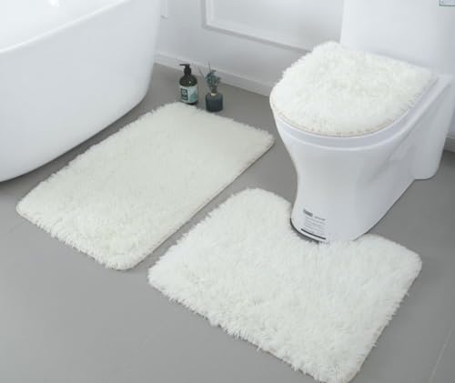 Weiche Mikrofaser-Badezimmerteppiche, 3-teilig, Badteppich + Konturmatte + Toilettensitzbezug, rutschfeste Badezimmerteppiche mit PVC-Punkt-Flanell-Rückseite, wasserabsorbierend, solides Weiß von AONIYOU