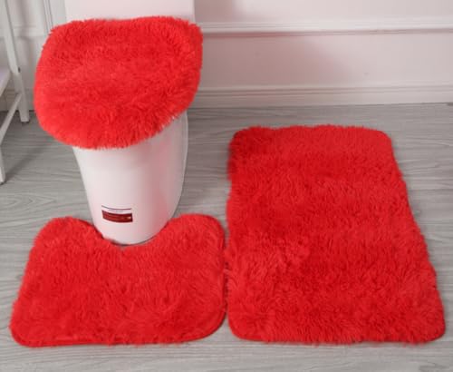 Weiche Mikrofaser-Badteppich-Sets 3-teilig, Badvorleger + Konturmatte + Toilettensitzbezug, rutschfeste Badezimmerteppiche mit PVC-Punkt-Flanell-Unterseite, wasserabsorbierend, Rot von AONIYOU