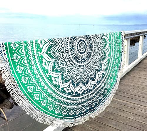 überwurf, Strandtuch, Yogamatte, indisches Mandala, rund, Baumwolle, Tischdecke Strandtuch, runde Yogamatte, Schal, 182,9 cm Strand Freizeit, Picknick grün von Aakriti Gallery