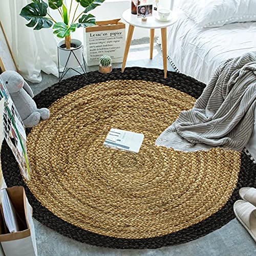 Aakriti Indian Boho Rag Rug Cotton Handmade Patch Rug Jute for The Living Room, Dining Room, Bedroom (Natural with Border, 60 cms) von Aakriti Gallery