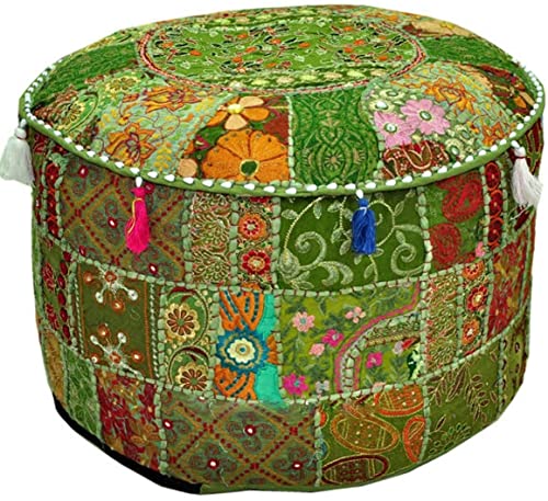 Aakriti Indian Pouf Fußhocker mit Stickerei Pouf, indische Baumwolle, Pouffe osmanischen Pouf Cover mit ethnischem Dekor Kunst - Cover (Green, 46x33 cms) von Aakriti Gallery