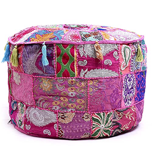 Aakriti Indian Pouf Fußhocker mit Stickerei Pouf, indische Baumwolle, Pouffe osmanischen Pouf Cover mit ethnischem Dekor Kunst - Cover (Pink, 56x35 cms) von Aakriti Gallery