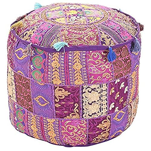 Aakriti Indischer Pouf Fußhocker Mit Stickerei, Baumwolle, Osmanische Abdeckung Mit Ethnischem Dekor - Lila, 46x33 cm von Aakriti Gallery