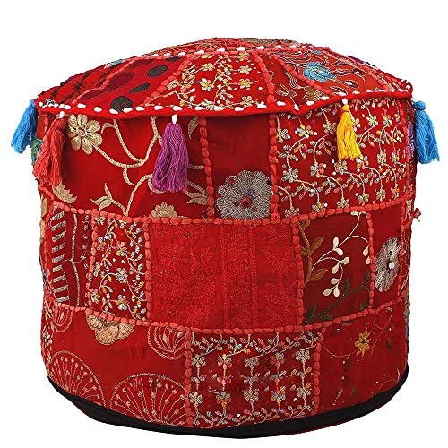 Aakriti Indian Pouf Fußhocker mit Stickerei Pouf, indische Baumwolle, Pouffe osmanischen Pouf Cover mit ethnischem Dekor Kunst - Cover (Red, 46x33 cms) von Aakriti Gallery